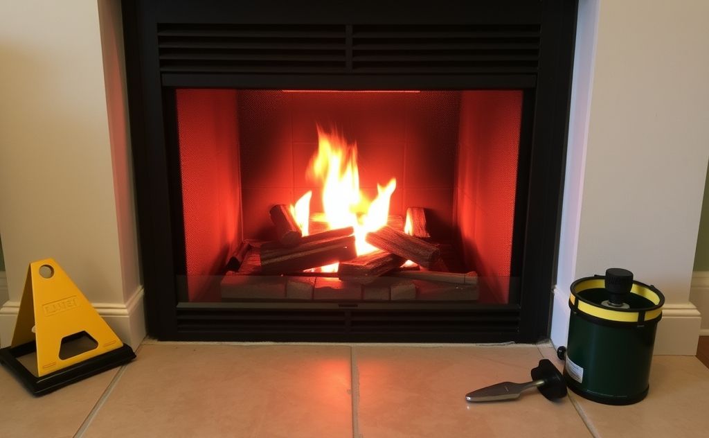 A clean fireplace with a sparkling chimney and safety tools nearby.