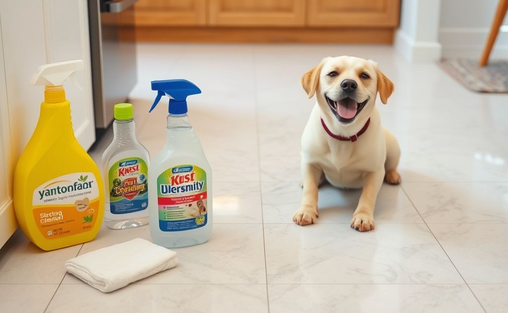 A clean floor with pet-friendly cleaning supplies and a happy pet nearby.