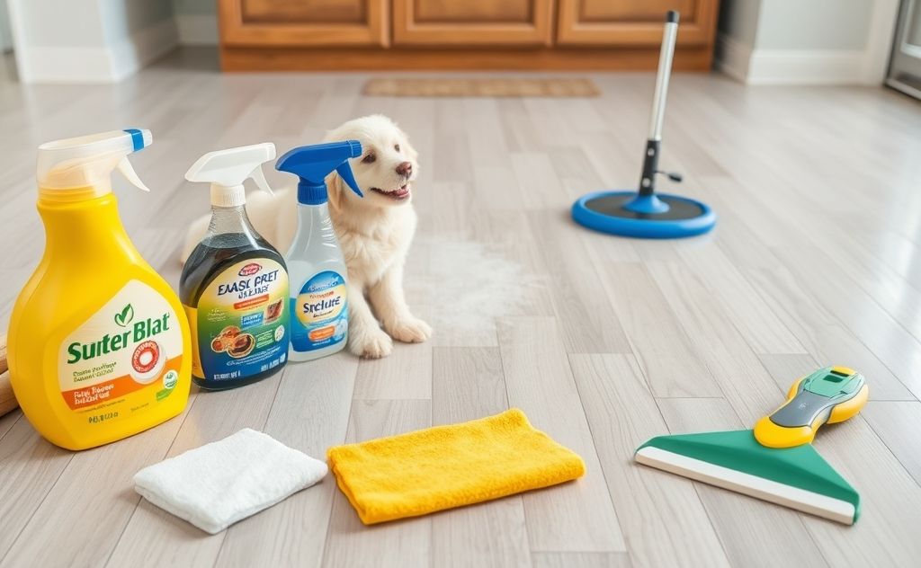 A clean floor with pet-friendly cleaning supplies and tools.