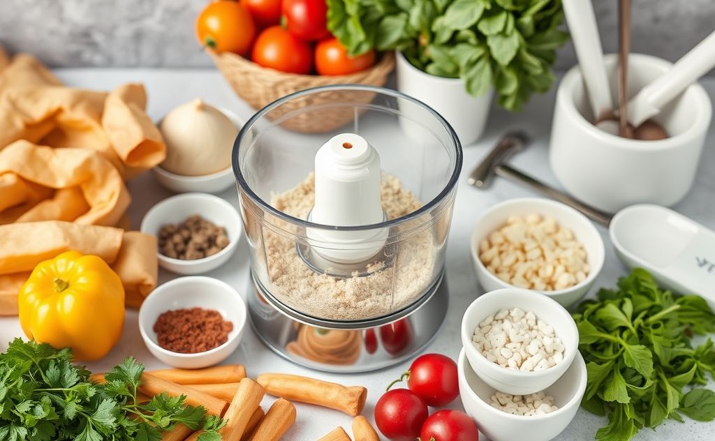 A clean food processor surrounded by fresh ingredients and tools.