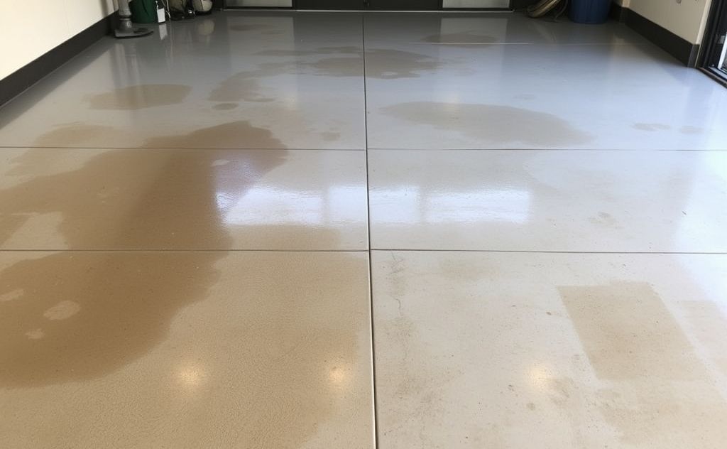 A clean garage floor with oil stains being removed and shining.