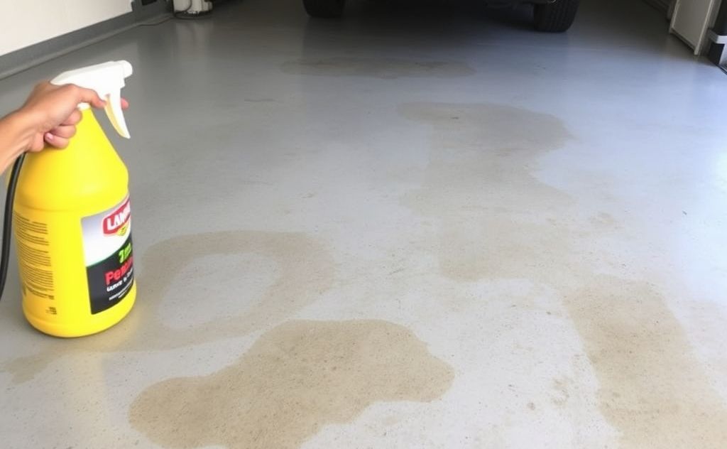A clean garage floor with visible oil stains being treated with a degreaser.