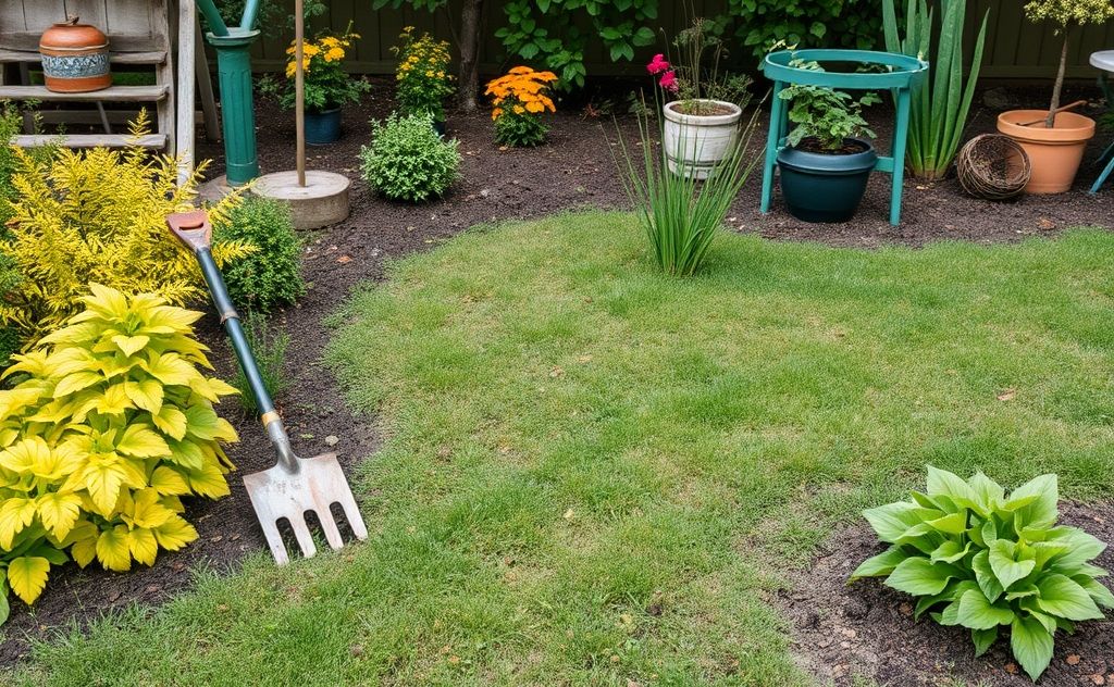 A clean garden with tools and seasonal plants ready for maintenance