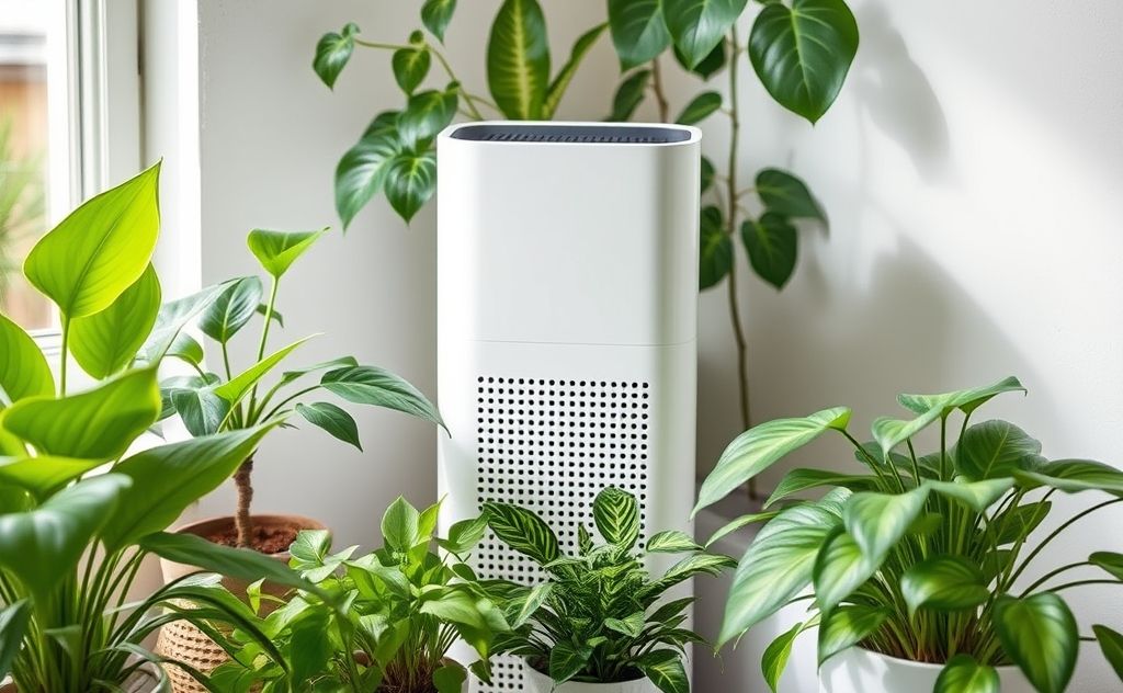 A clean home air purifier surrounded by fresh indoor plants.