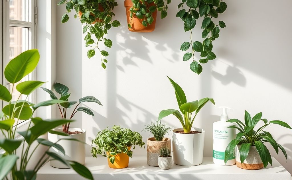 A clean home environment with plants and natural cleaning products.