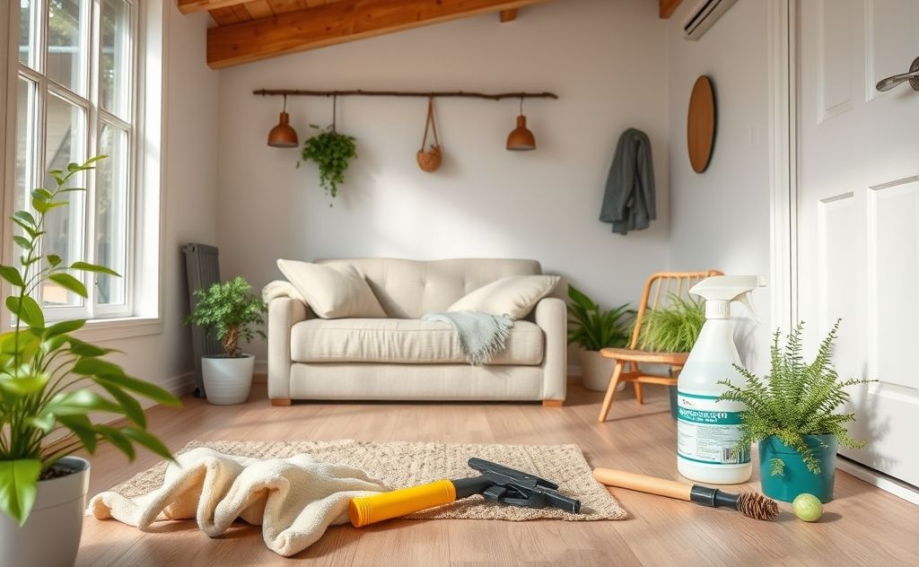 A clean home environment with tools for effective pest control.