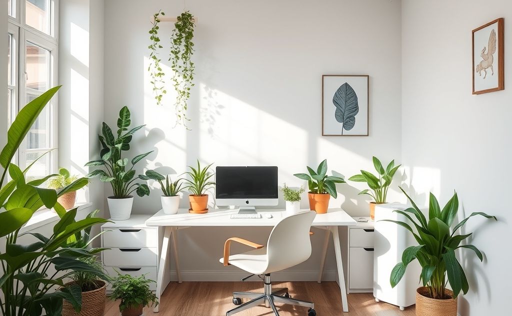 A clean home office with plants and an air purifier.