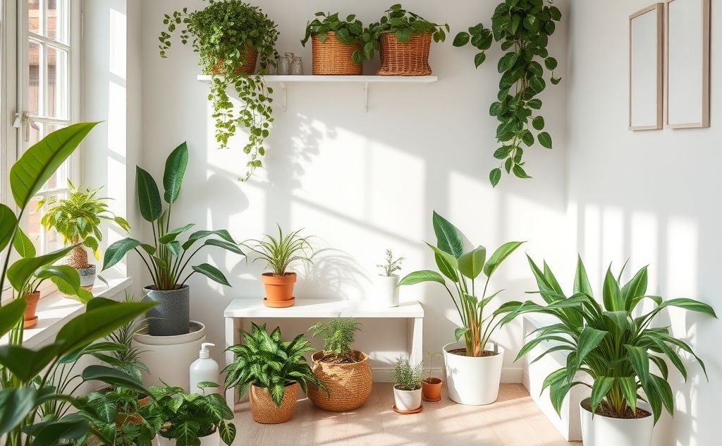 A clean home surrounded by plants and natural cleaning products.