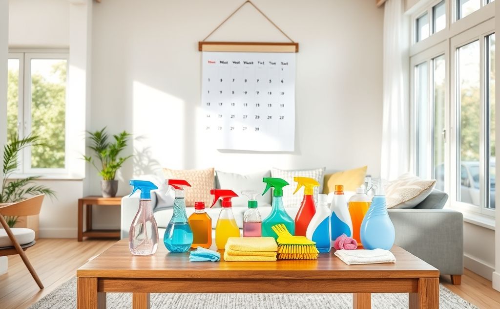 A clean home with a calendar and cleaning supplies on a table.