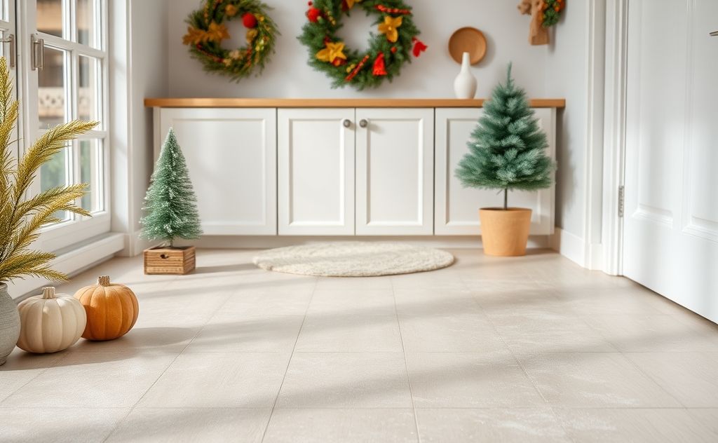 A clean home with a dust-free surface and seasonal decorations.