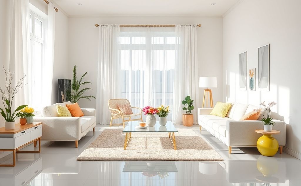 A clean home with dust-free surfaces and vibrant spring decor.