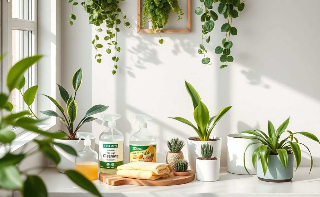 A clean home with eco-friendly cleaning products and plants.