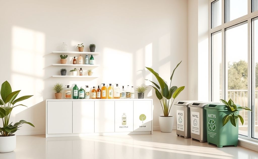 A clean home with eco-friendly cleaning supplies and recycling bins.