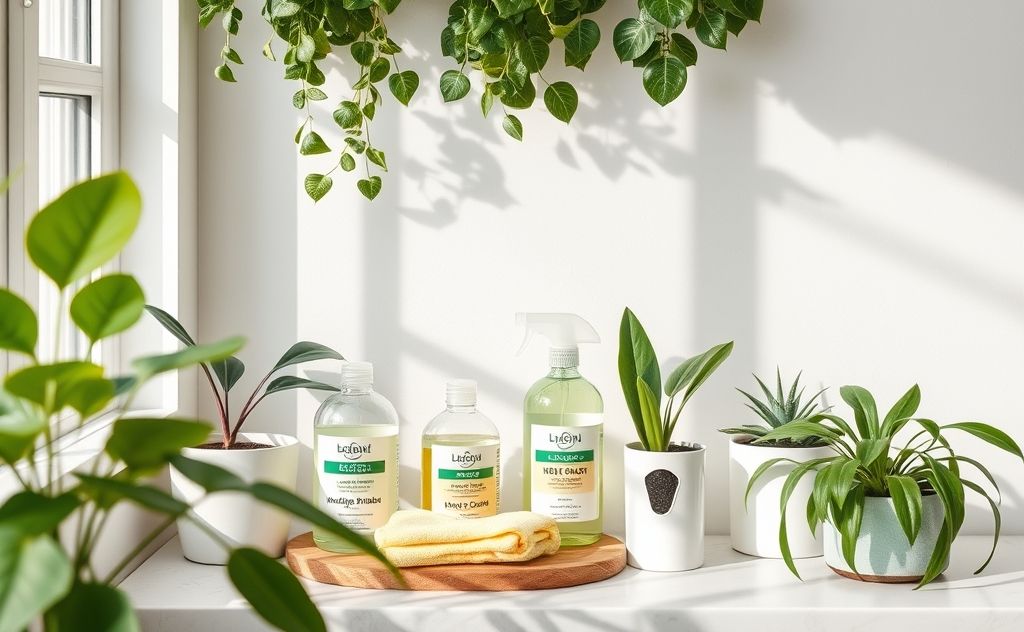 A clean home with natural cleaning products and green plants.