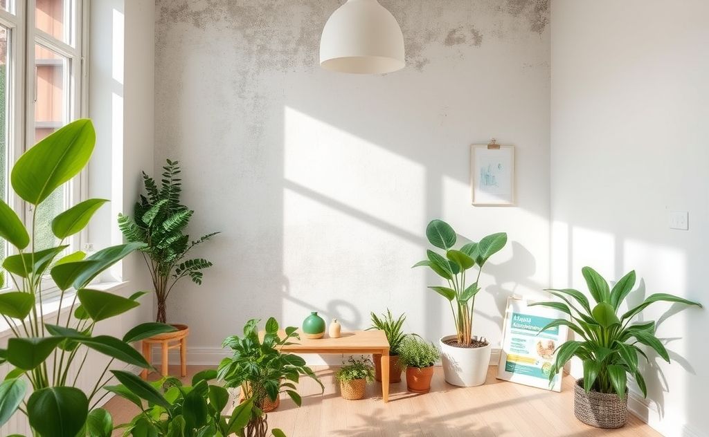 A clean home with natural mold removal products and green plants.