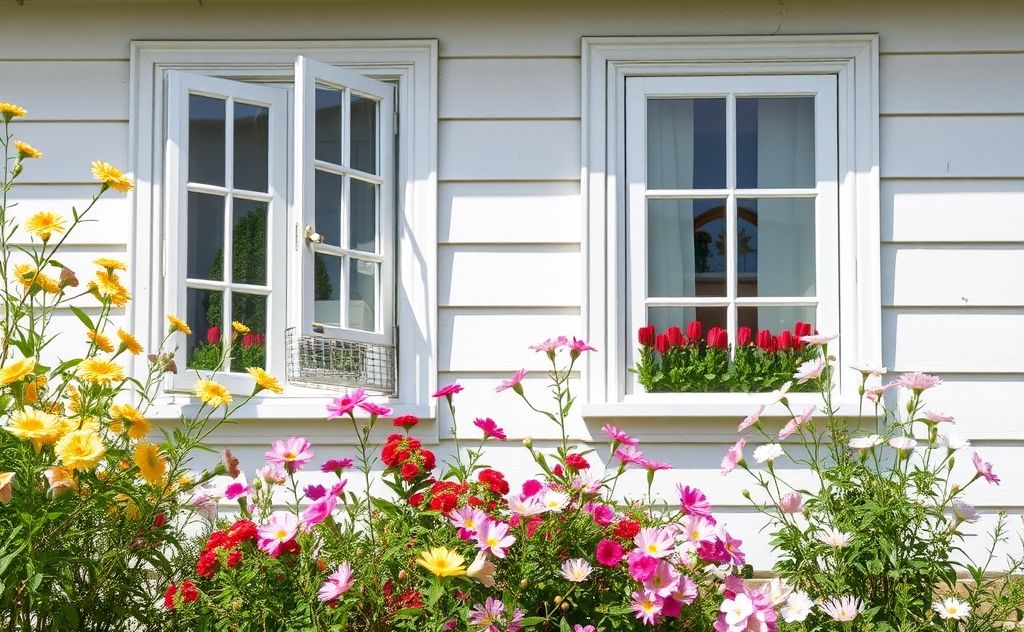 A clean home with open windows and blooming flowers in springtime.