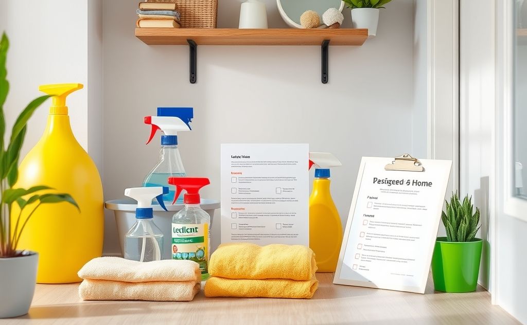 A clean home with organized cleaning supplies and a checklist.