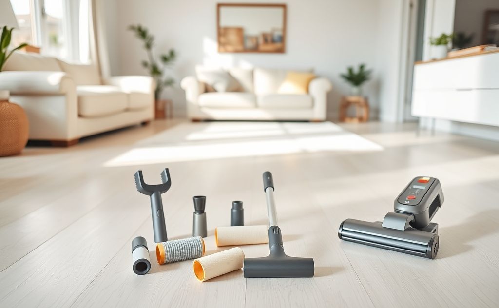 A clean home with pet hair removal tools and a vacuum cleaner.
