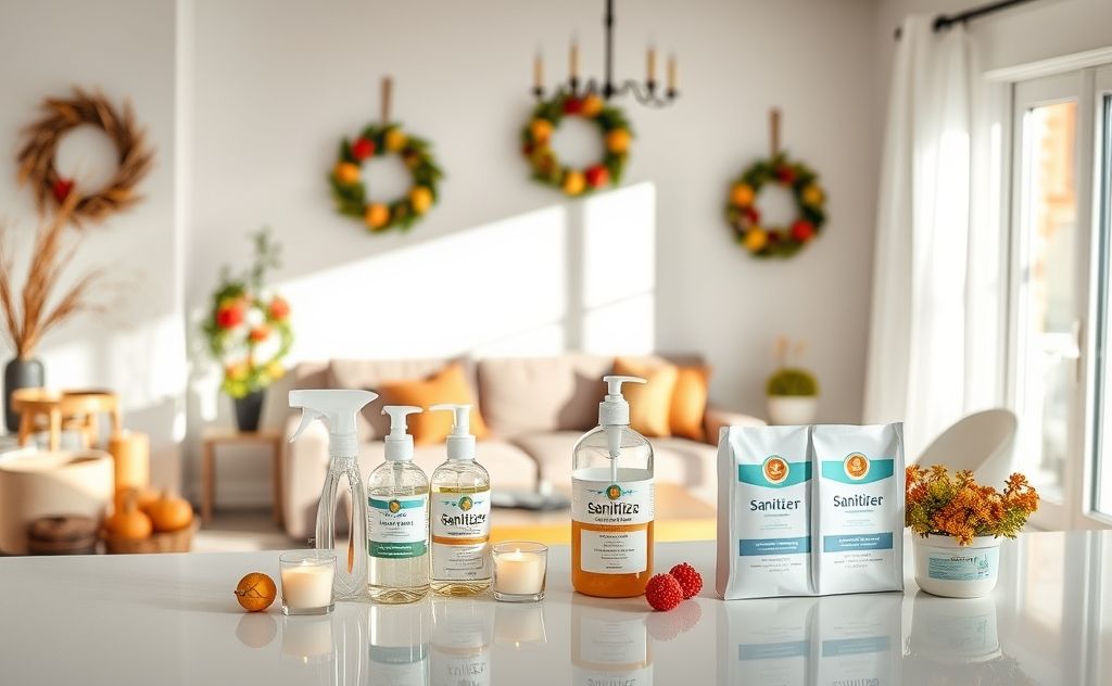 A clean home with seasonal decor and sanitizing supplies displayed.
