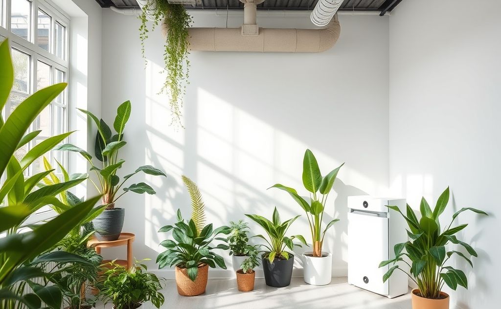 A clean indoor space with plants and air purifiers enhancing air quality.