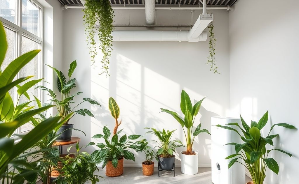 A clean indoor space with plants and air purifiers minimizing pollen.