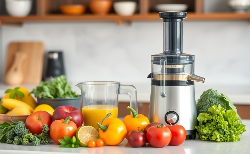 A clean juicer with fresh fruits and vegetables on a kitchen counter.