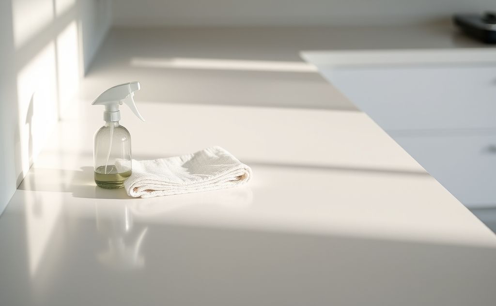 A clean kitchen countertop with a cloth and spray bottle nearby.