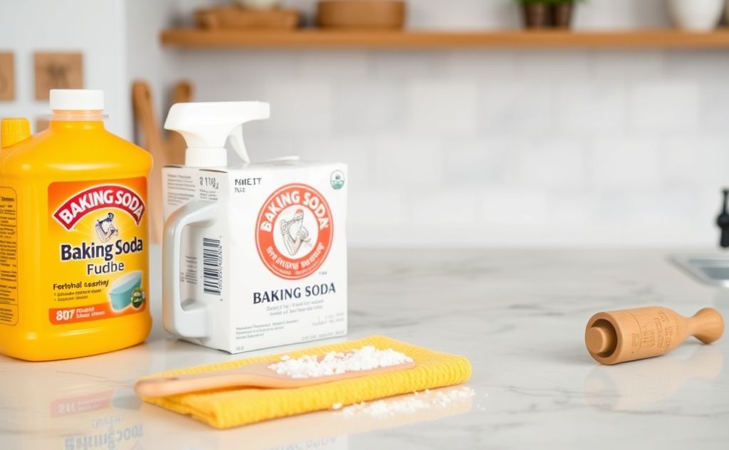 A clean kitchen surface with baking soda and natural cleaning tools.