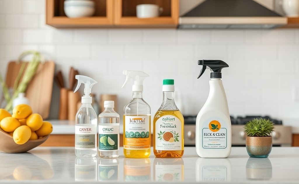 A clean kitchen with eco-friendly cleaning products on the counter.