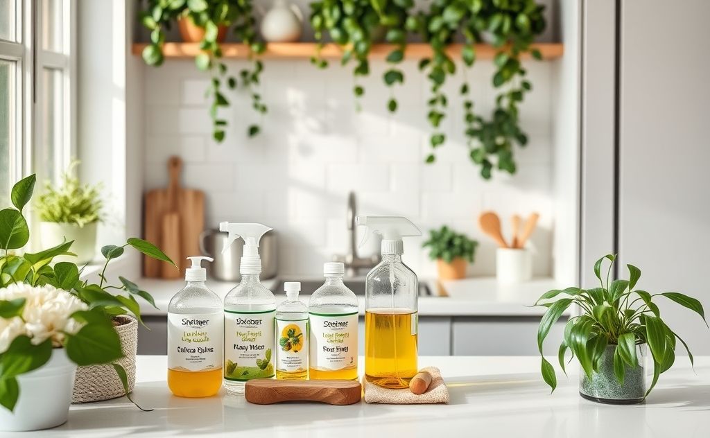 A clean kitchen with natural cleaning supplies and green plants.