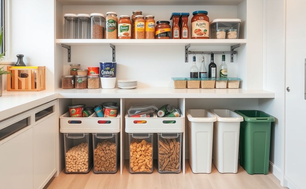 A clean kitchen with organized food storage and waste bins.