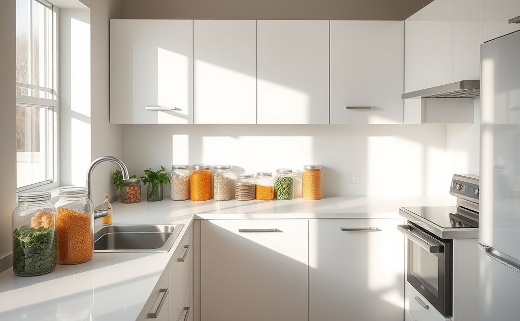 A clean kitchen with sealed containers and no standing water.