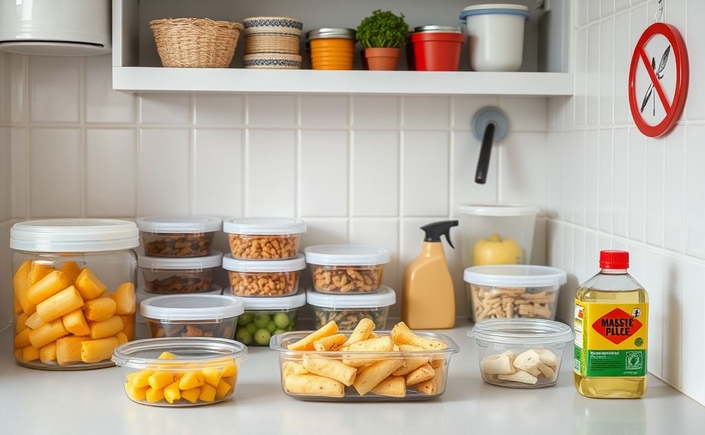A clean kitchen with sealed food containers and pest control measures.