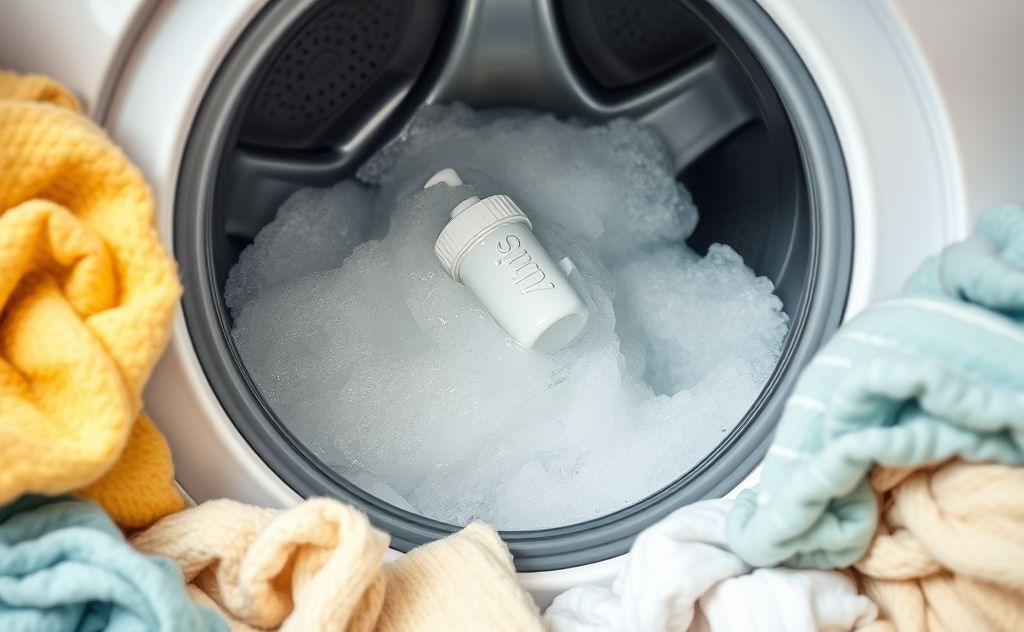 A clean laundry machine with soap and water surrounded by fresh laundry.