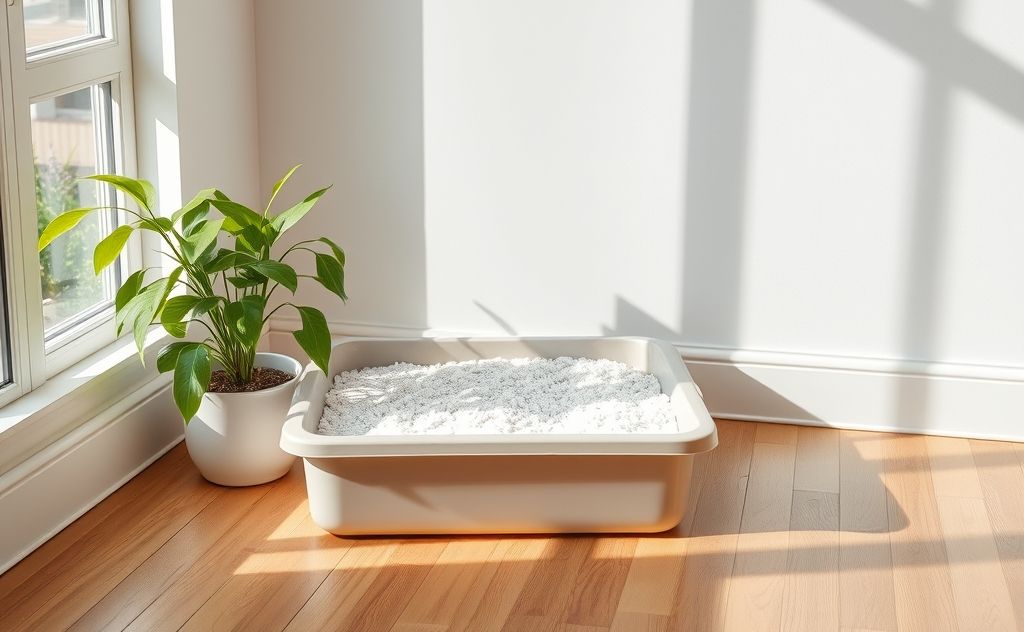 A clean litter box with fresh litter and a plant beside it.