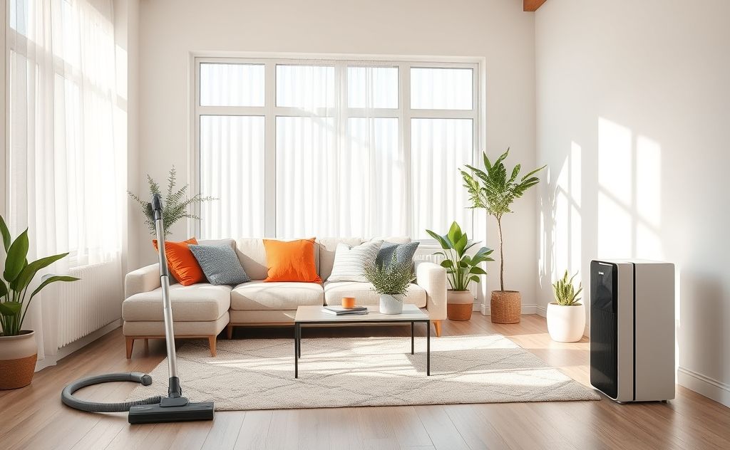 A clean living room with a vacuum and air purifier for pet dander.