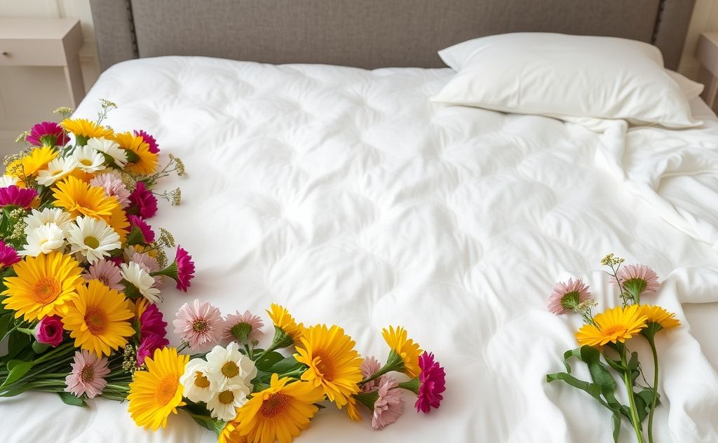 A clean mattress surrounded by seasonal flowers and fresh linens.