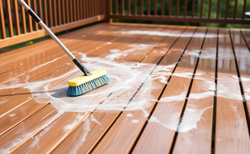 A clean outdoor deck being washed with water and brushes.