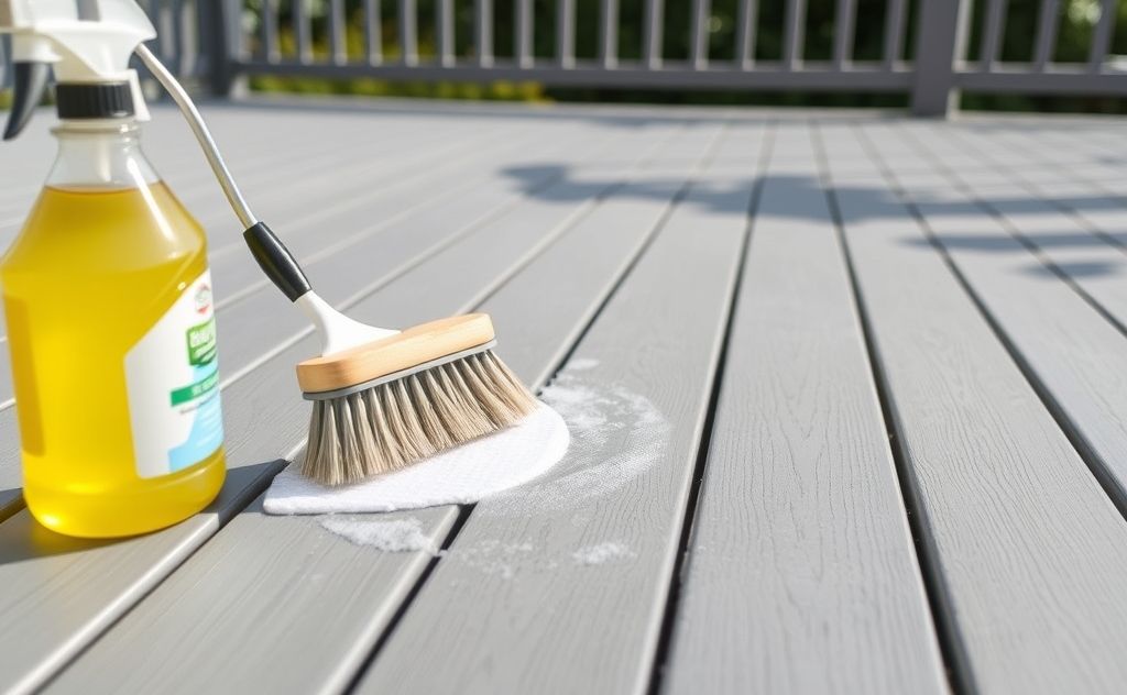 A clean painted deck surface with a brush and cleaning solution.