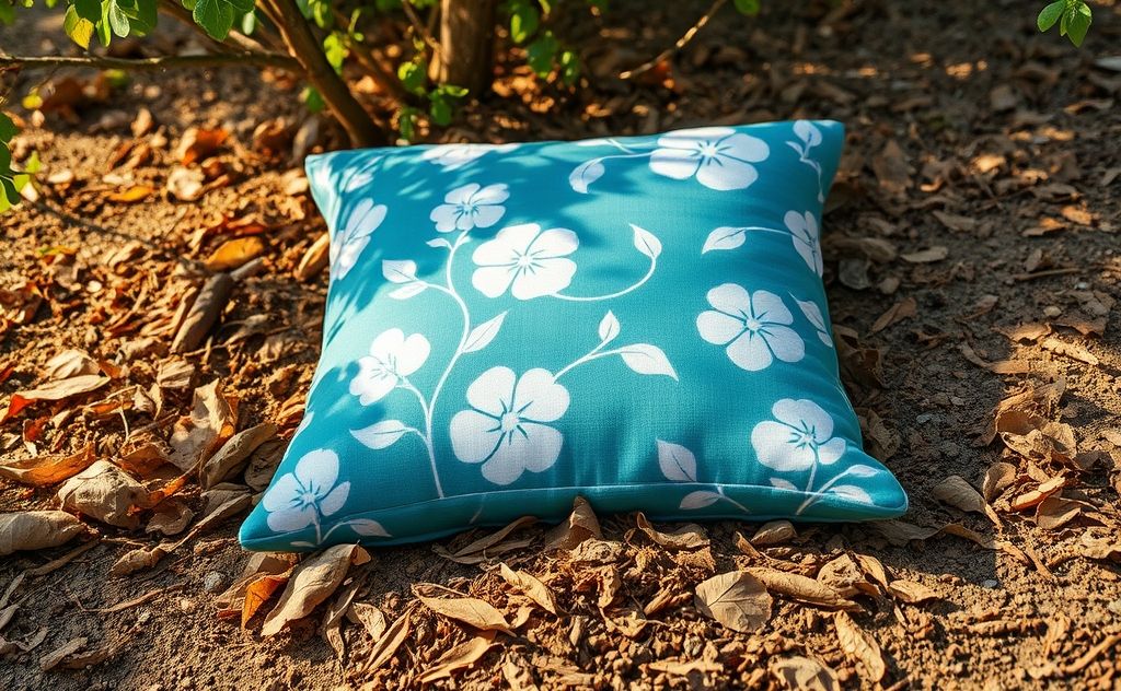 A clean patio cushion surrounded by scattered dirt and debris.