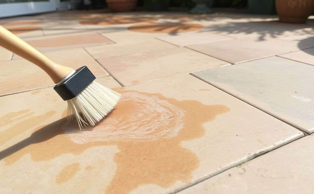 A clean patio surface with rust stains being removed by a brush.