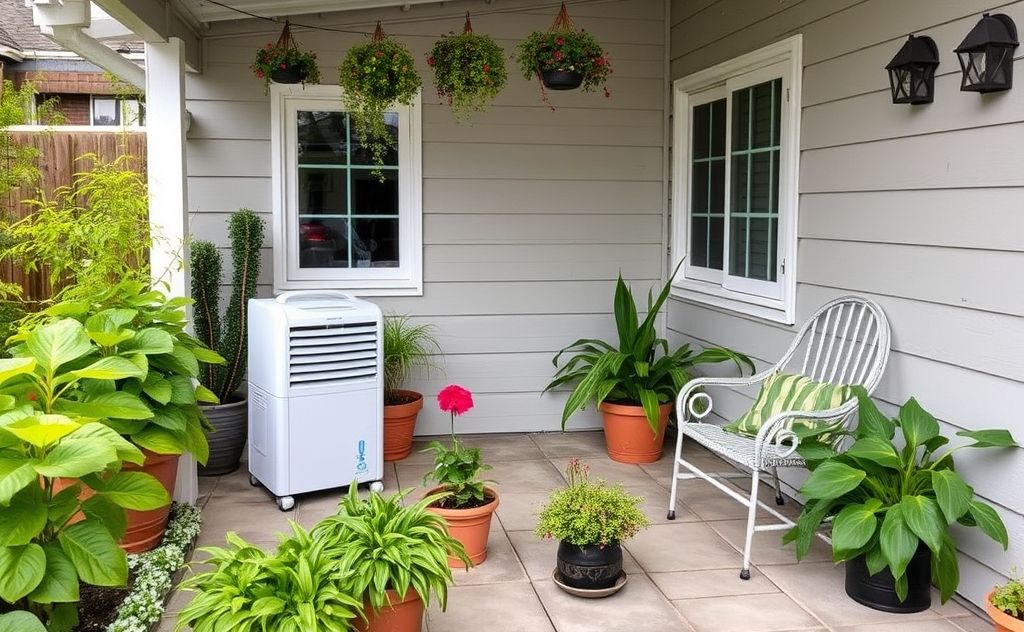 A clean patio with a dehumidifier and mold-resistant plants.