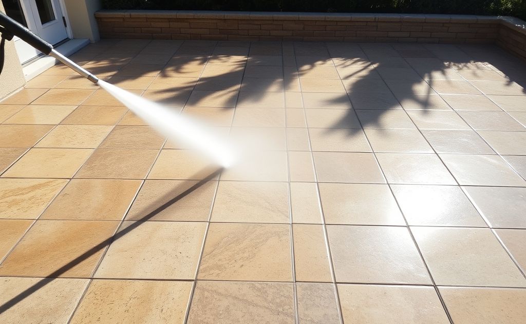A clean patio with a pressure washer and sparkling surfaces.
