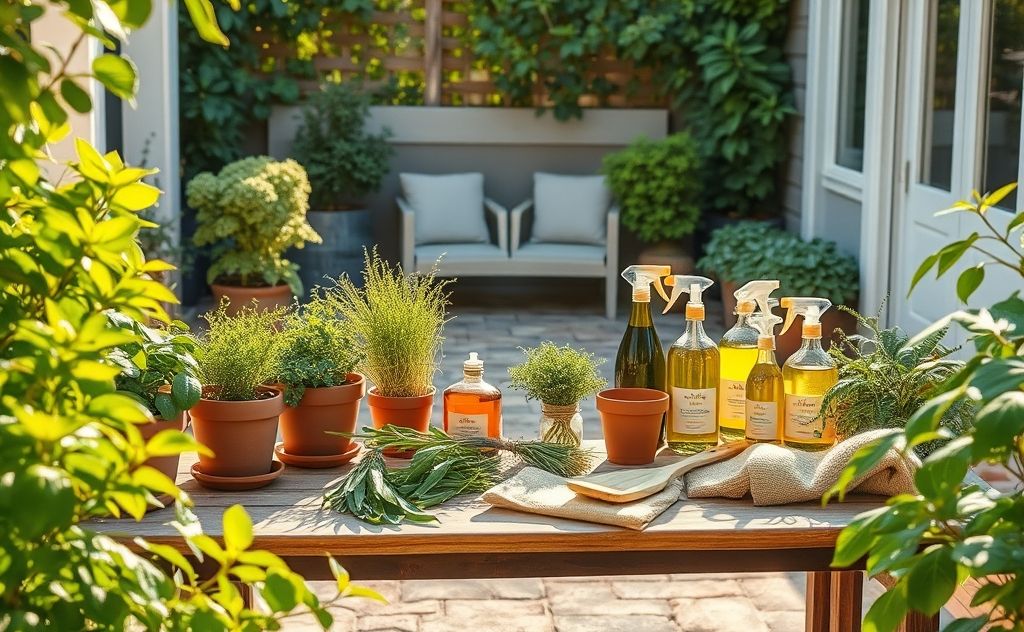 A clean patio with natural cleaning ingredients and tools.