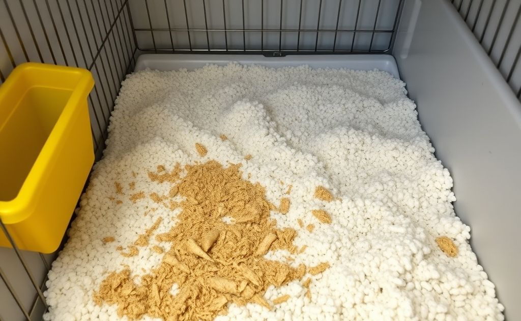 A clean pet cage with removed waste and fresh bedding.