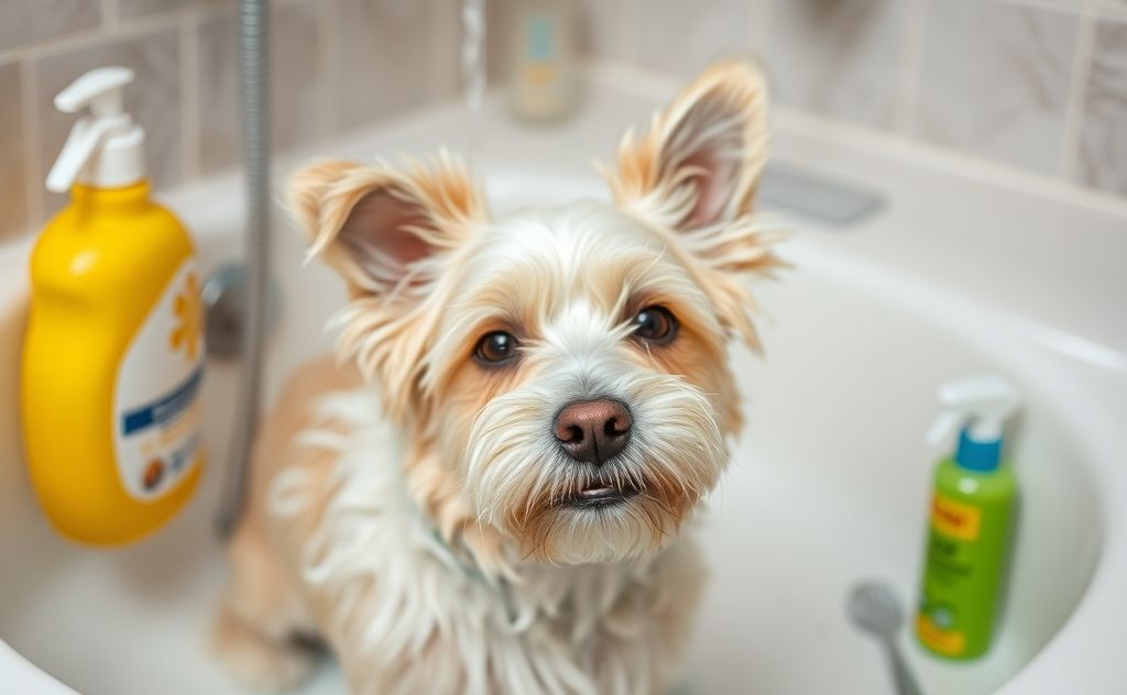 A clean pet enjoying a bath with grooming supplies nearby.