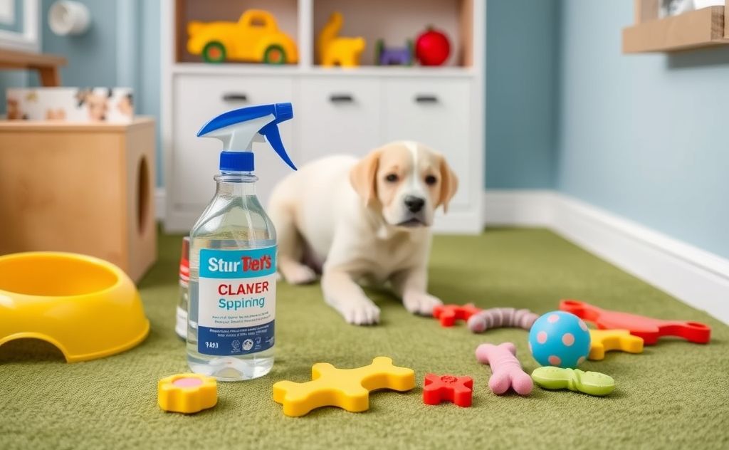 A clean pet play area with disinfectant spray and toys.