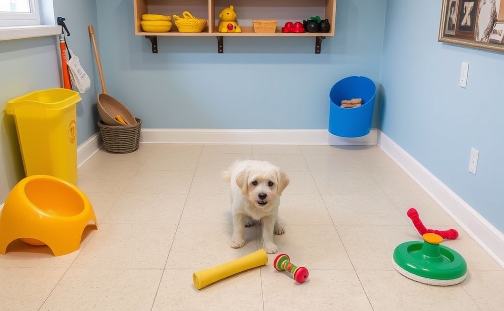 A clean pet play area with disinfected toys and surfaces.