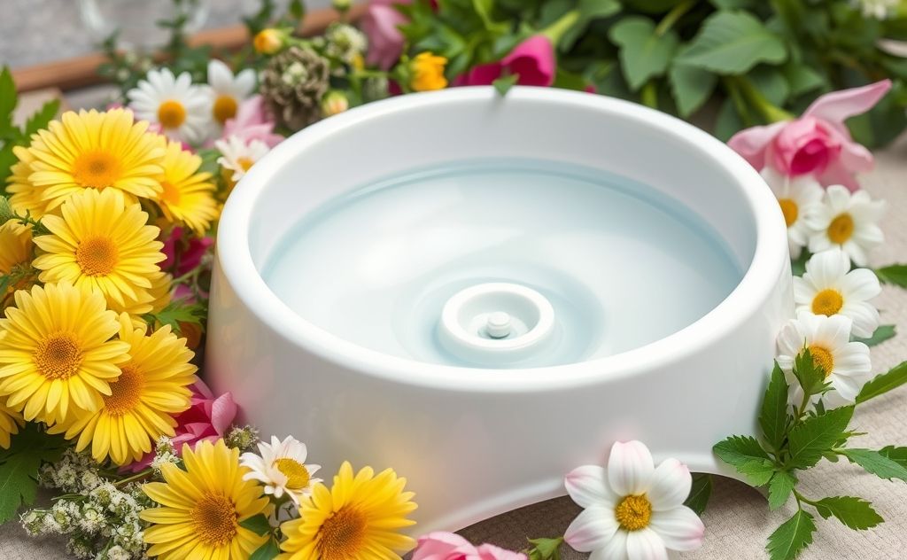 A clean pet water bowl surrounded by fresh flowers and greenery.