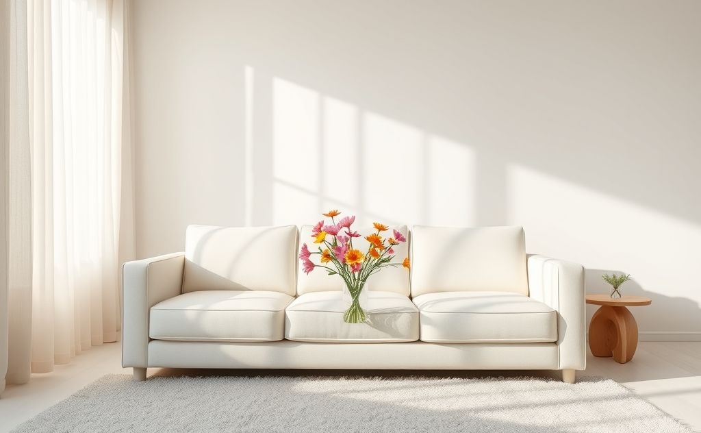 A clean sofa with fresh flowers and a hint of citrus scent.
